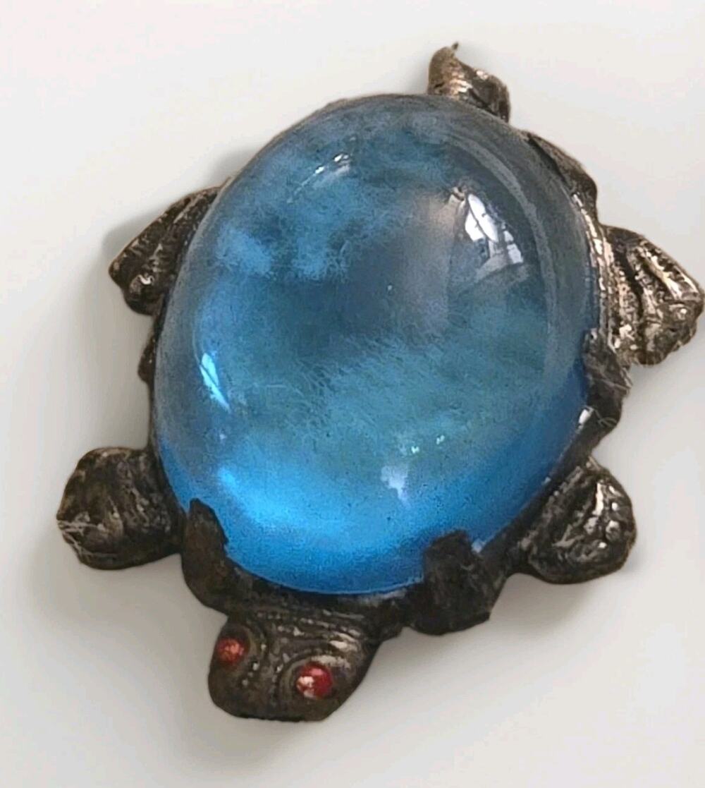 Vintage 1940s Jelly Belly Turtle Brooch Blue Lucite Red Eyes Gold Tone